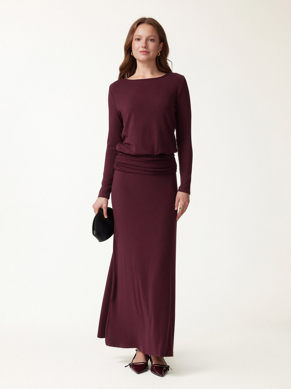 2Pcs Set Boatneck Long Sleeve Top & High-Rise A-Line Maxi Skirt