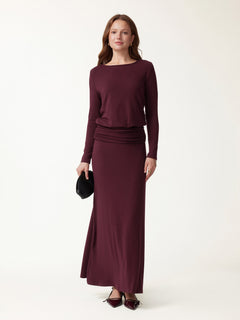 2Pcs Set Boatneck Long Sleeve Top & High-Rise A-Line Maxi Skirt