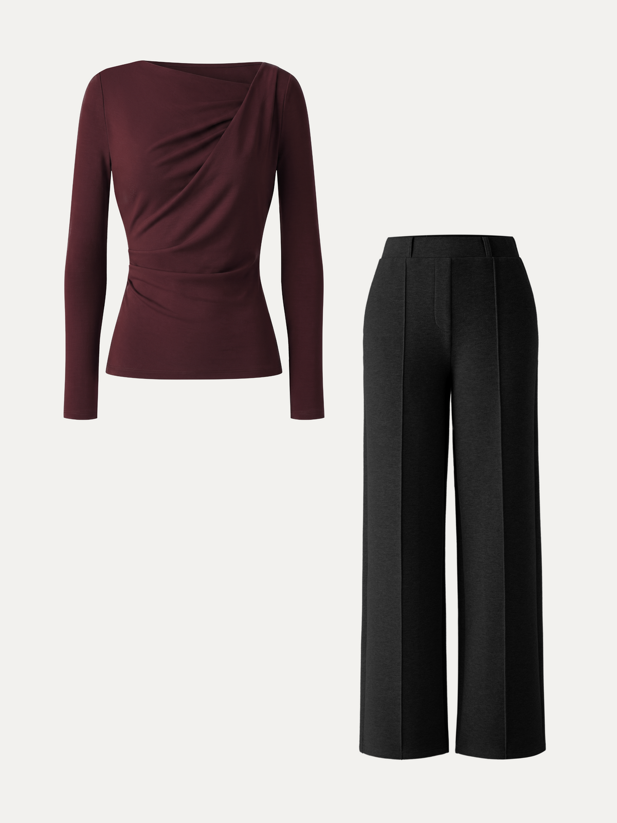 2Pcs Set Asymmetrical Neck Long Sleeve Top & High Waisted Straigh Leg Pull On Pant
