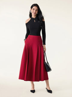 Pleated Frog Button Decor Midi A-line Skirt Limited Edition