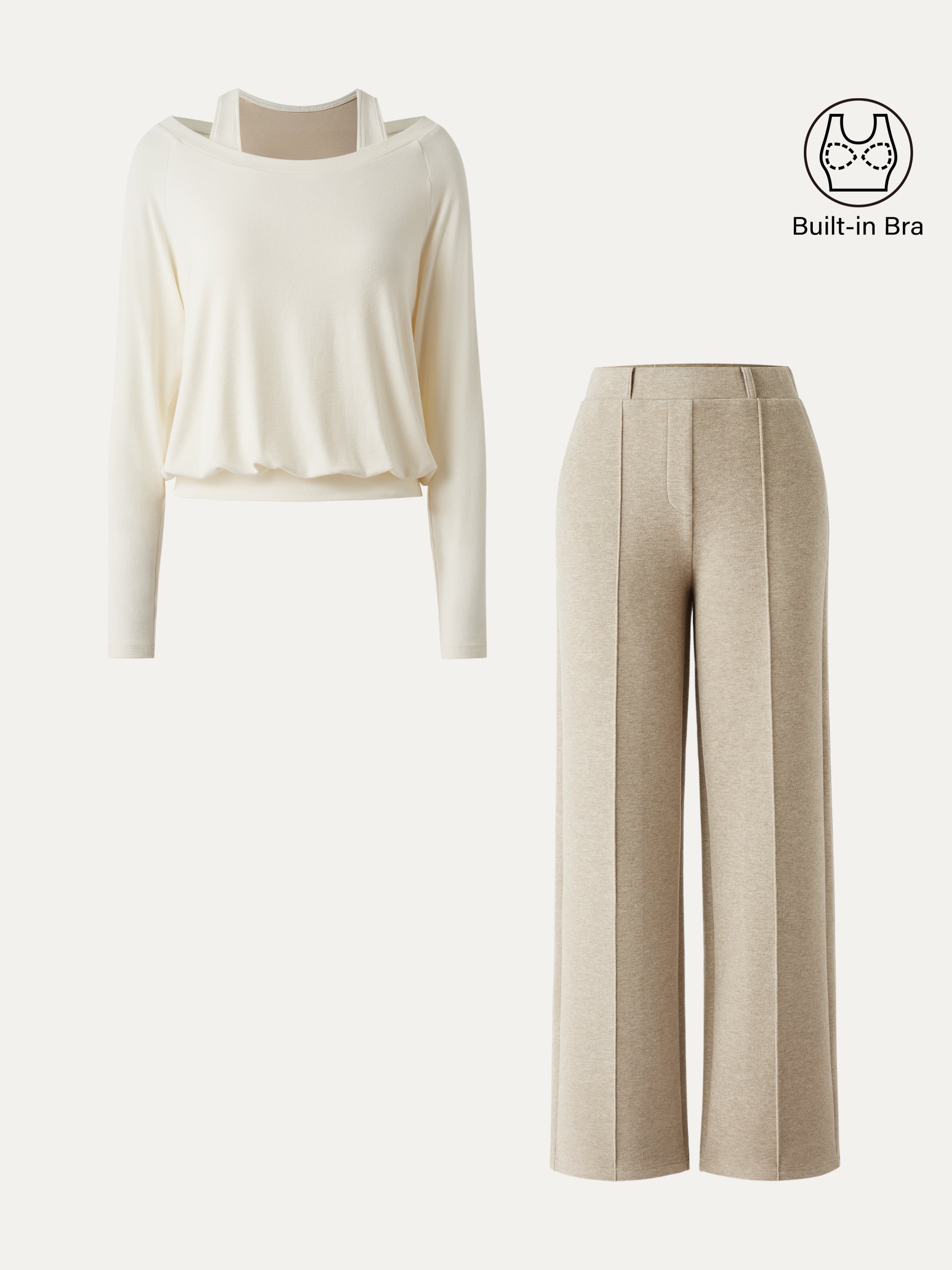 2Pcs Set Multi-Wear Layering Bra Top & High Waisted Straight Leg Pull On Pant