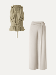 2Pcs Set Collared V-neck Top & Mid-Rise Wide-Leg Lounge Pants