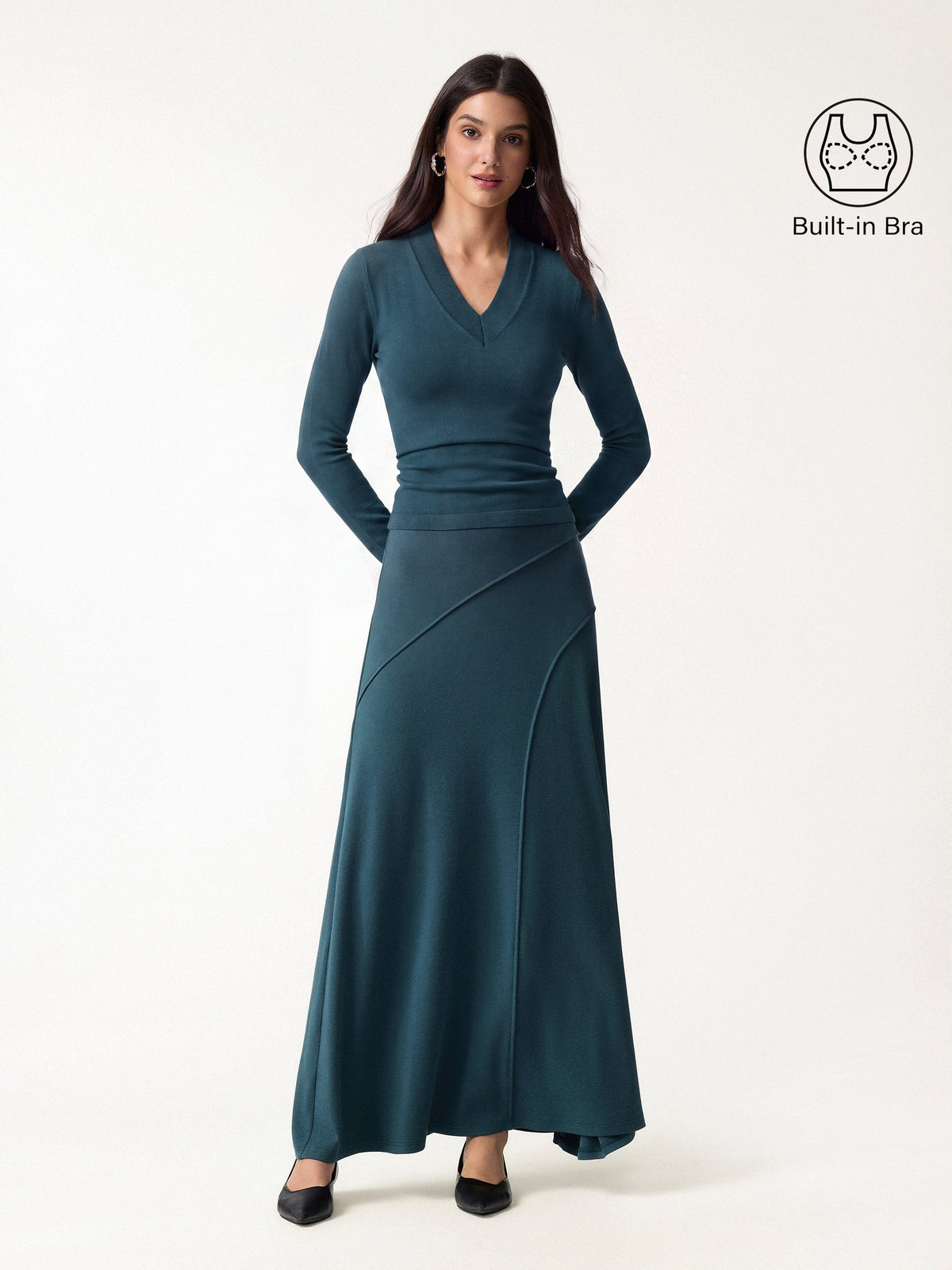 2Pcs Set V-neck Wide Binding Bra Top & Drapey A-Line Maxi Skirt