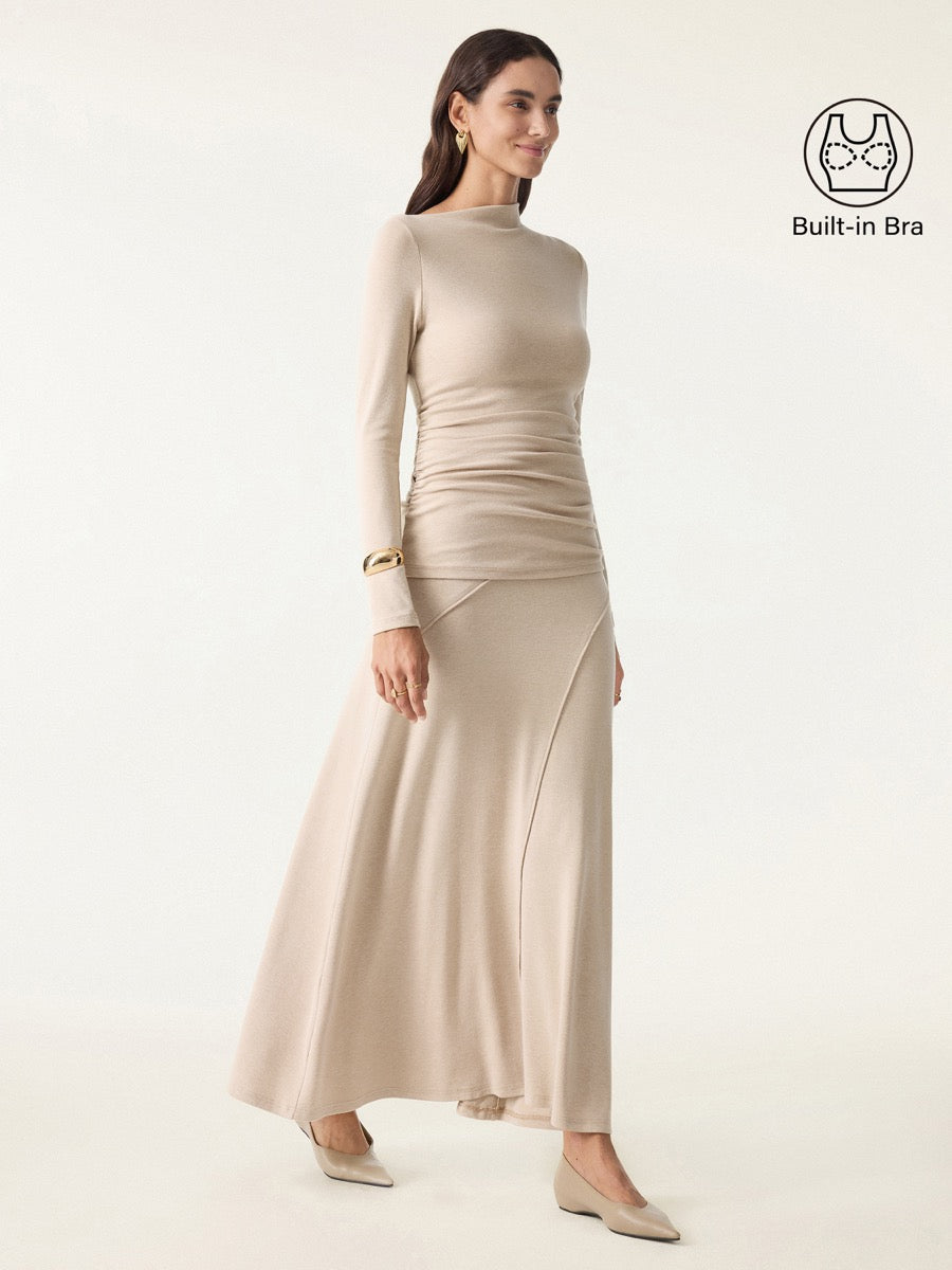 2Pcs Set Asymmetrical Long Sleeve Bra Top & A-Line Midi Skirt