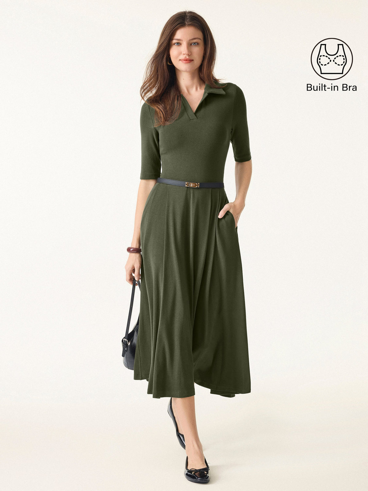 Polo Neck Elbow Length Sleeve Midi Bra Dress with Pockets