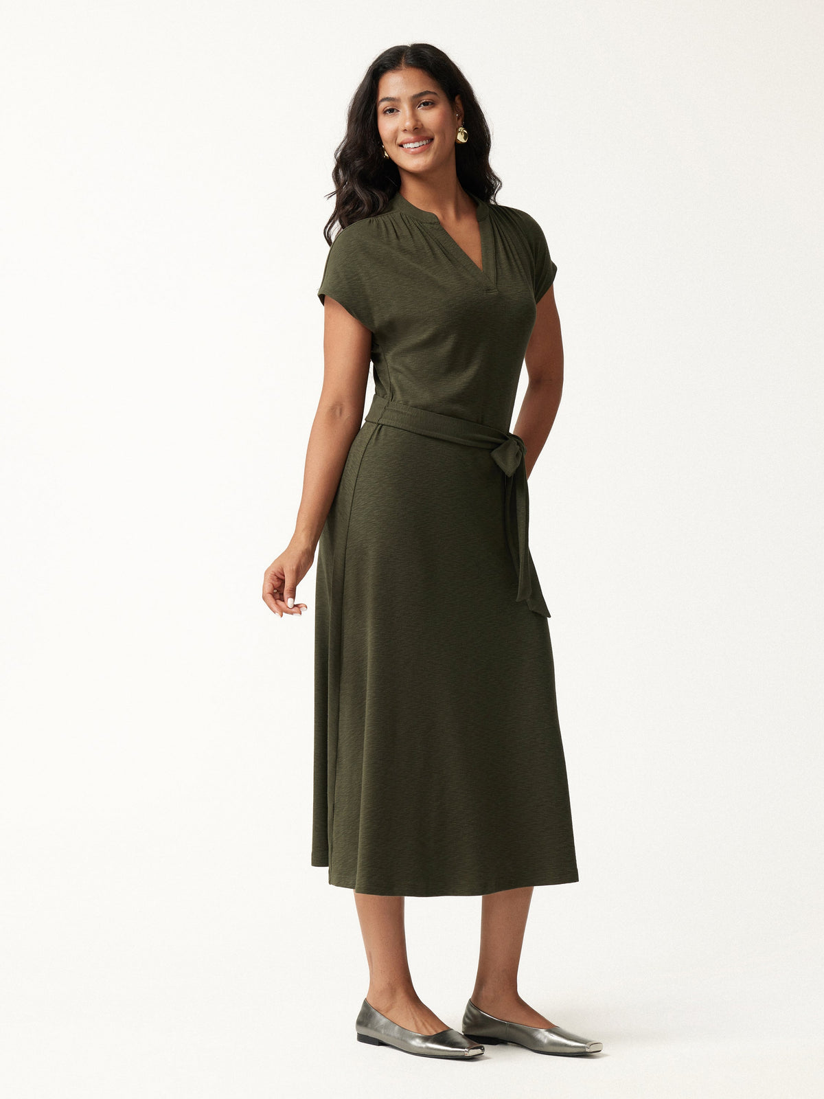 V-Neck Short Sleeve Belted Midi Dress