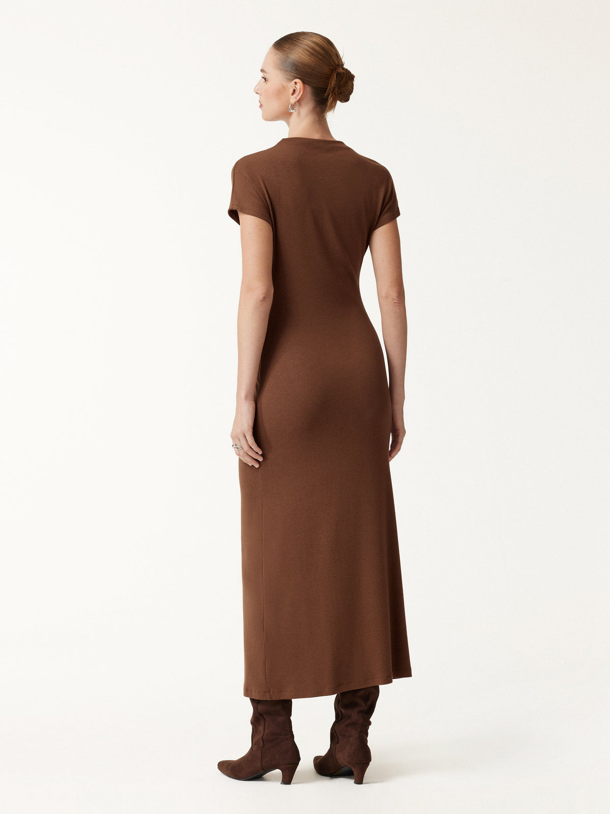 Eco-Mousse® Mock Neck Cap Sleeve Ruched Midi Dress