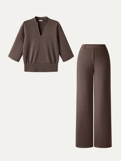 2Pcs Set V-Neck Elbow Sleeve Top & High-Rise Wide Leg Pants with Pockets