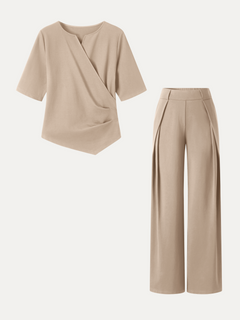 2Pcs Set Surplice Elbow Sleeve Top & Mid-Rise  Wide-Leg Tuck Pants with Pockets