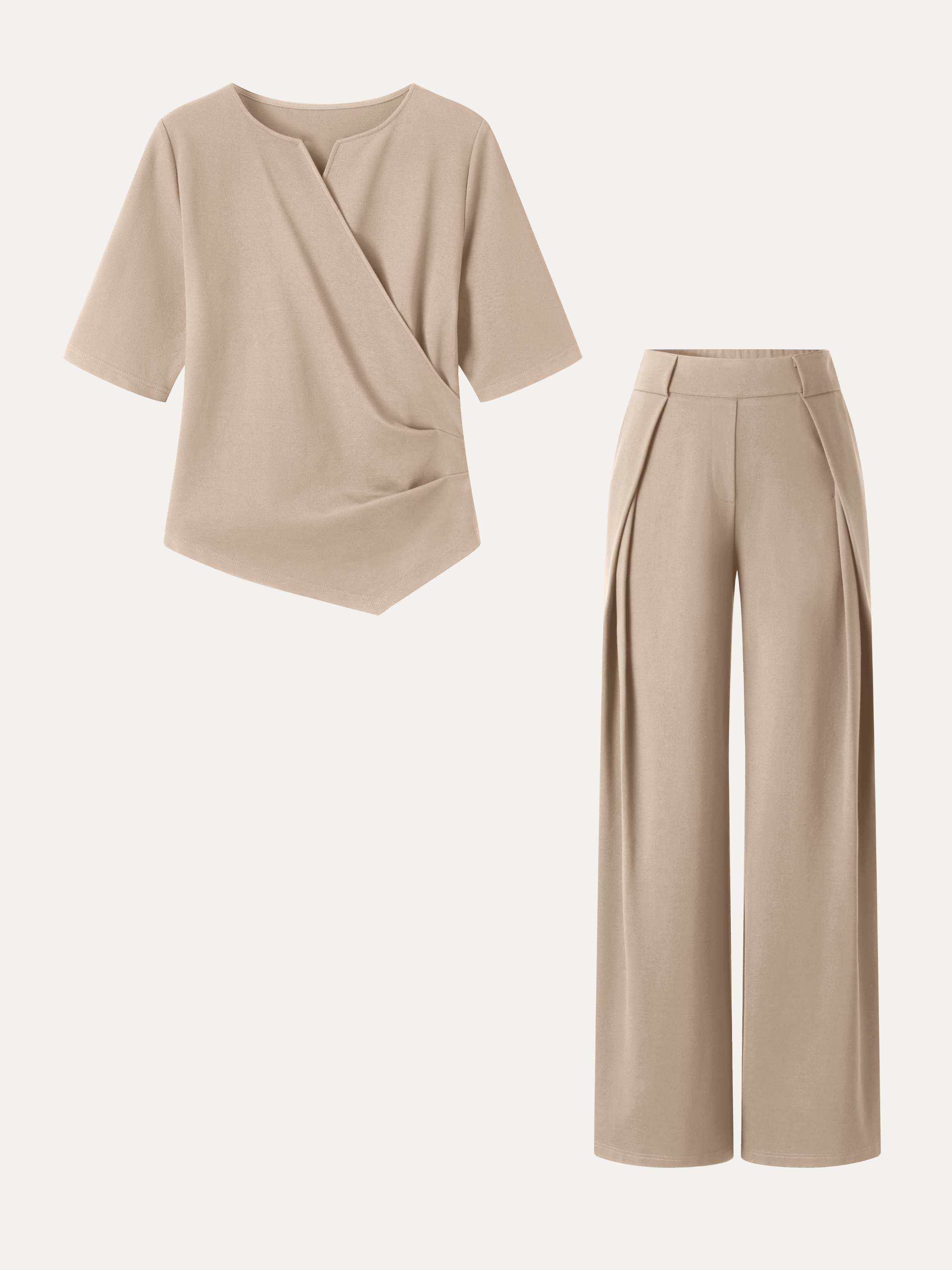 2Pcs Set Surplice Elbow Sleeve Top & Mid-Rise  Wide-Leg Tuck Pants with Pockets
