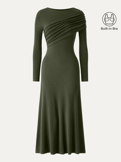 Eco-Mousse® Boatneck Ruched A-Line Midi Bra Dress