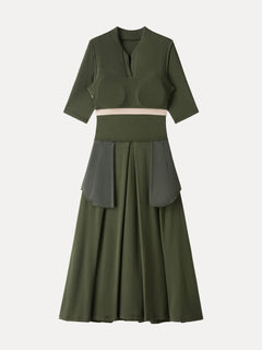 Polo Neck Elbow Length Sleeve Midi Bra Dress with Pockets