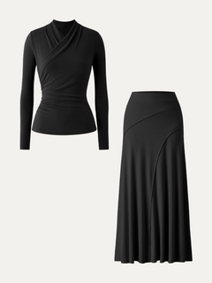 2Pcs Set Surplice Long Sleeve Top & A-Line Midi Skirt