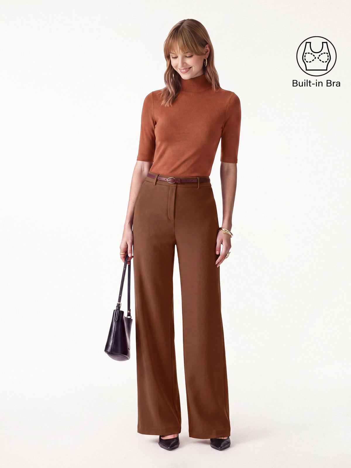2Pcs Set Elbow Length Sleeve Bra Top & High-Rise Wide Leg Pants