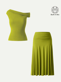 2Pcs Set Multi-wear Bra Top & Side Ruched A-line Midi Skirt