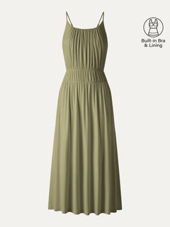 Vacay Gathered U-Neck Spaghetti Midi Bra Dress with Pockets