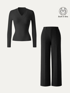 2Pcs Set V-neck Slimming Brami Top & High Waisted Straigh Leg Pant