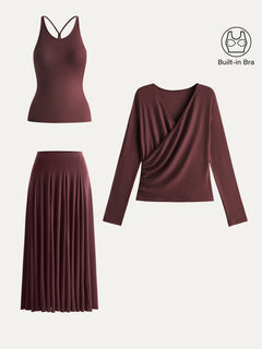 3Pcs Set Cami & Surplice Ruched Top & Godet Hem Maxi Skirt