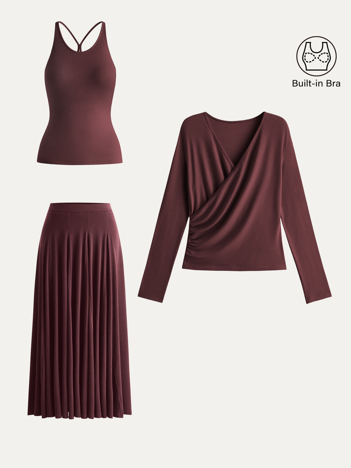 3Pcs Set Cami & Surplice Ruched Top & Godet Hem Maxi Skirt