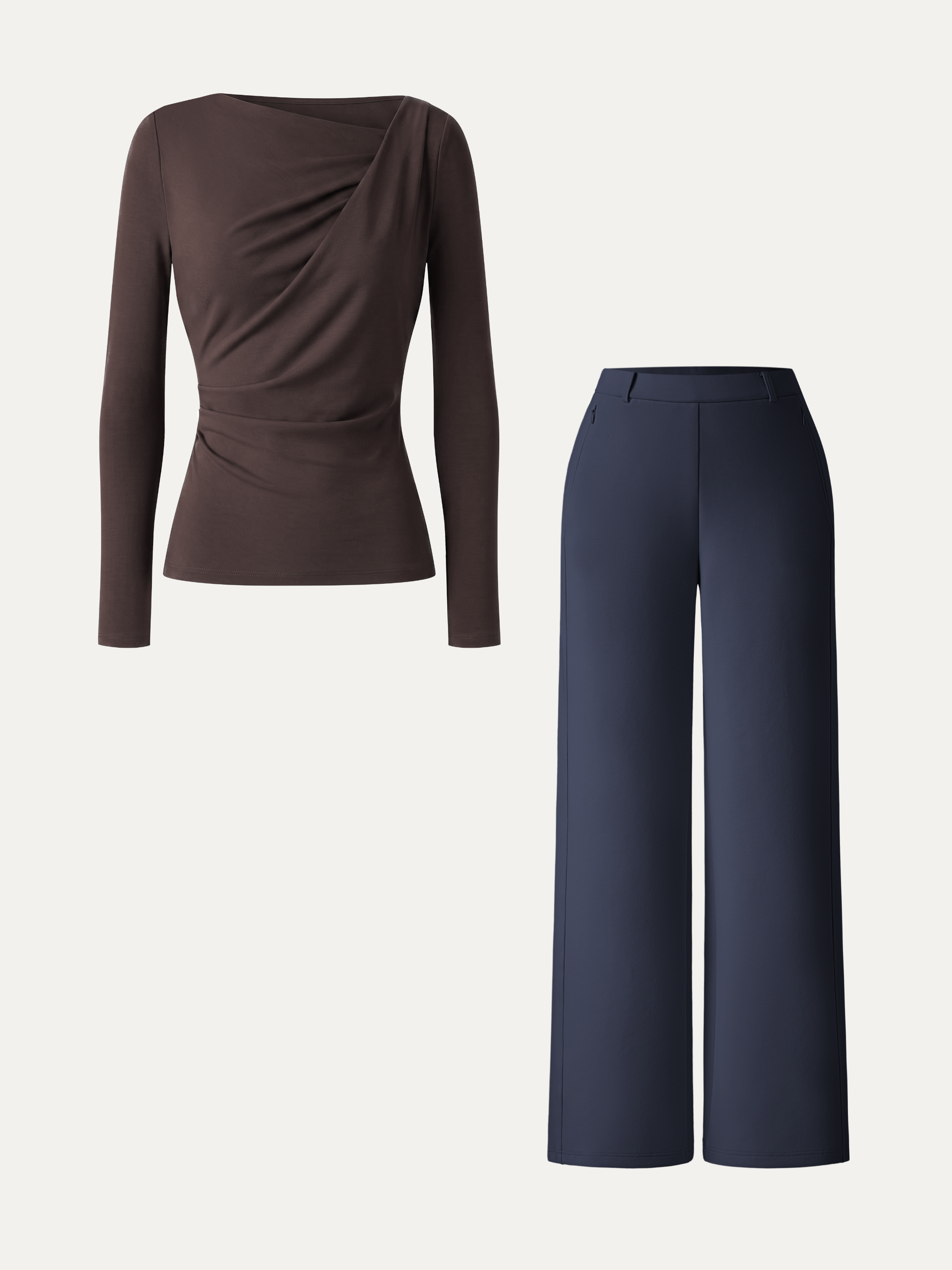2Pcs Set Asymmetrical Neck Long Sleeve Top & Slimming High Rise Wide Leg Pant