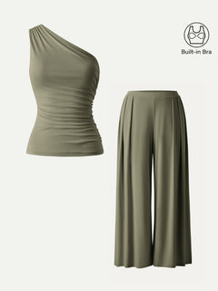 2Pcs Set Petite Wide Leg Palazzo Pant with Pockets & Ruched Bra Tank