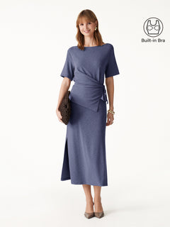 2Pcs Set Short Sleeve Tie-Side Top & Side-Slit A-Line Midi Skirt