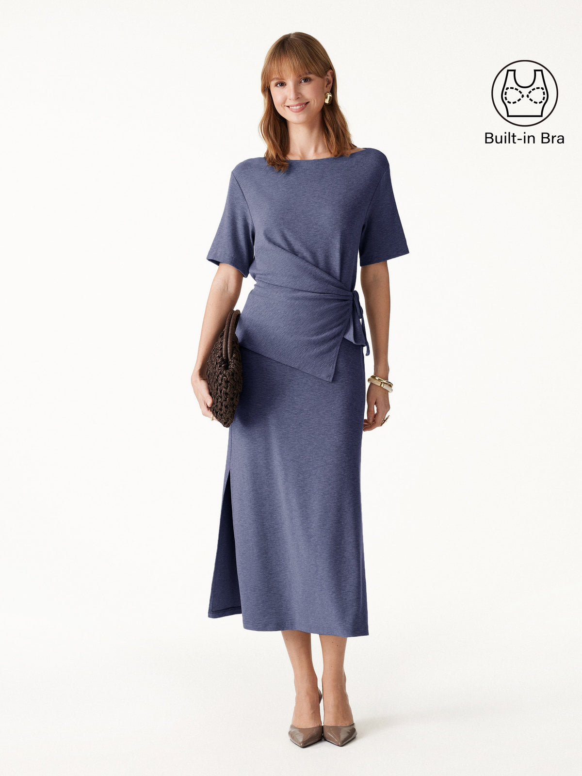 2Pcs Set Short Sleeve Tie-Side Top & Side-Slit A-Line Midi Skirt