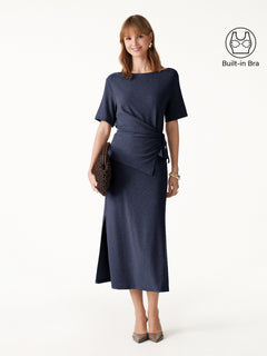2Pcs Set Short Sleeve Tie-Side Top & Side-Slit A-Line Midi Skirt