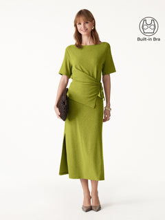 2Pcs Set Short Sleeve Tie-Side Top & Side-Slit A-Line Midi Skirt