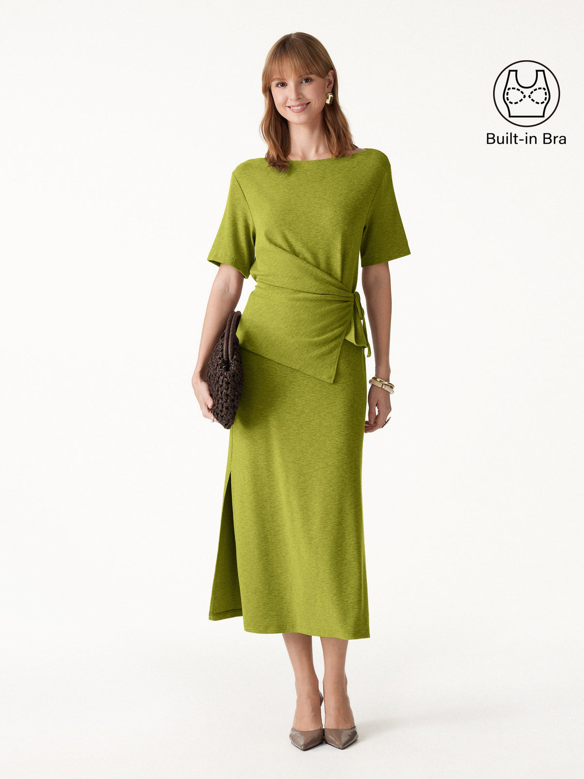 2Pcs Set Short Sleeve Tie-Side Top & Side-Slit A-Line Midi Skirt
