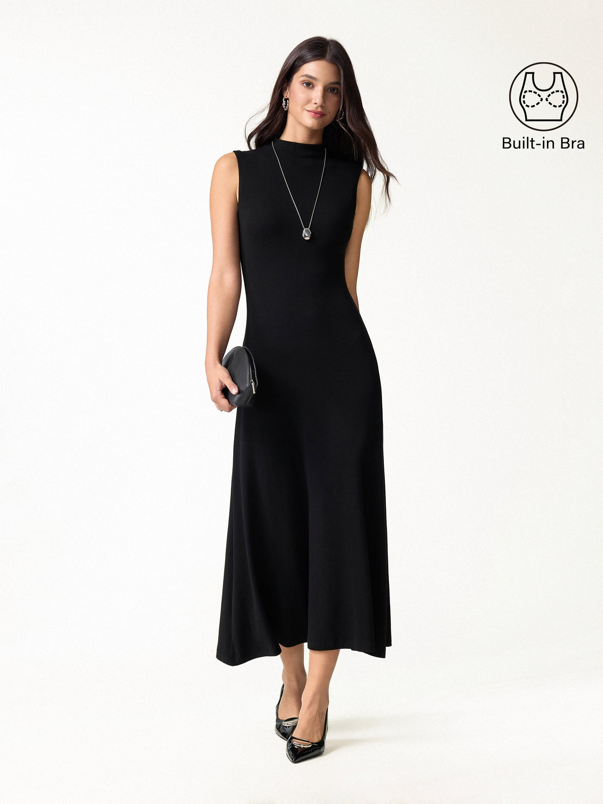 Eco-Mousse® Mock Neck Sleeveless A-Line Midi Bra Dress