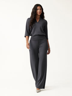 2Pcs Set V-Neck Elbow Sleeve Top & High-Rise Wide Leg Pants with Pockets
