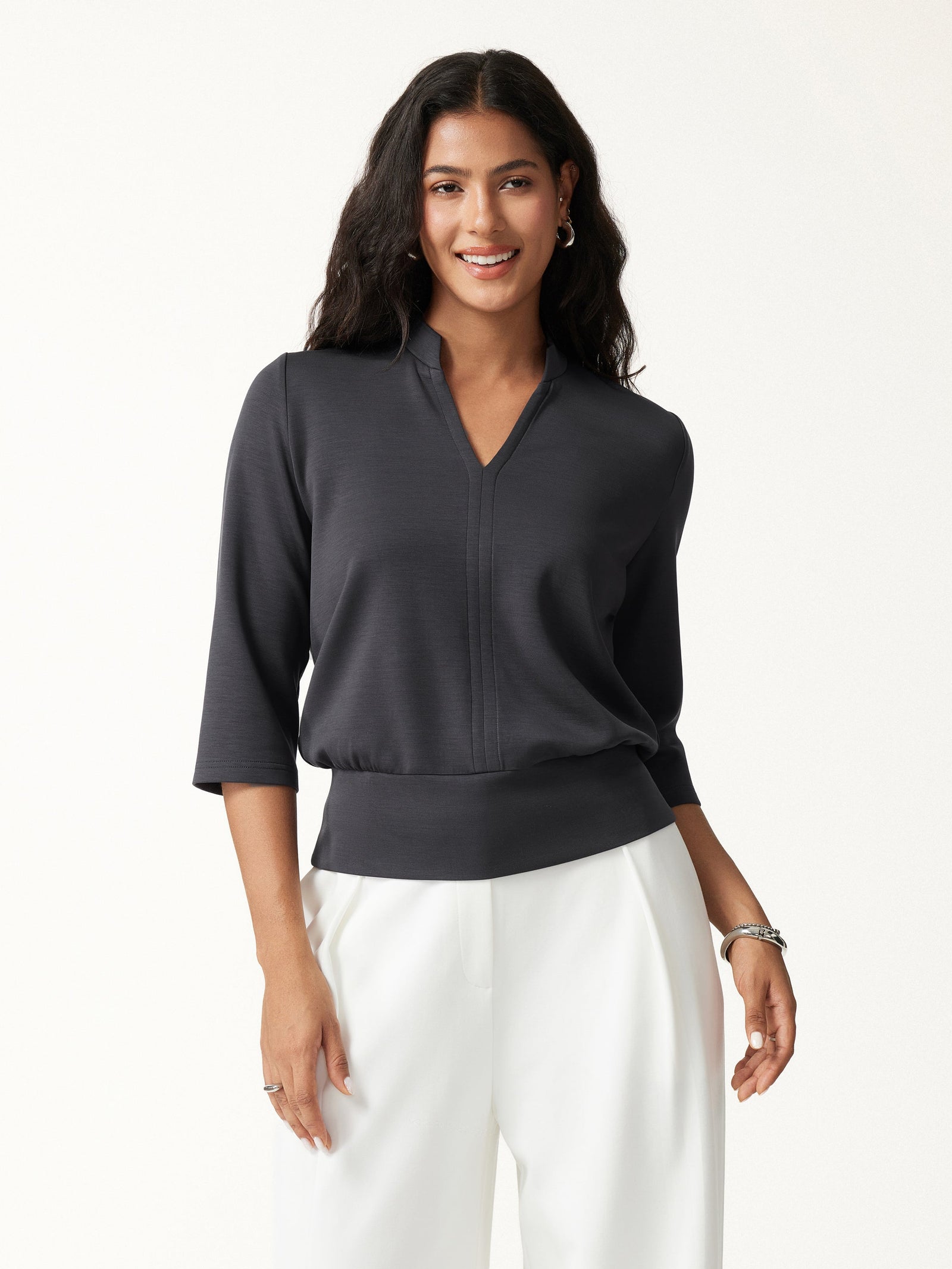 2Pcs Set V-Neck Elbow Sleeve Top & High-Rise Wide Leg Pants with Pockets