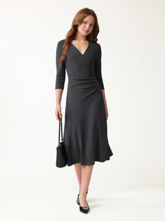 Eco-Mousse® Surplice 3/4 Sleeve Side-Tuck Midi Dress