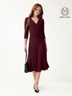 Eco-Mousse® Surplice 3/4 Sleeve Side-Tuck Midi Dress