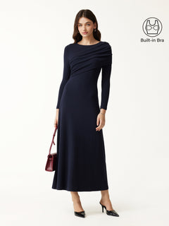 Eco-Mousse® Boatneck Ruched A-Line Midi Bra Dress