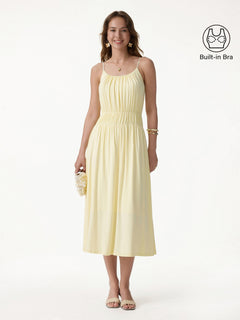 Vacay Gathered U-Neck Spaghetti Midi Bra Dress with Pockets