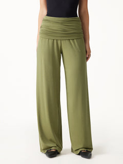 2Pcs Set Boatneck Bra & Drapey Wide Leg Pull-on Pants with Pockets
