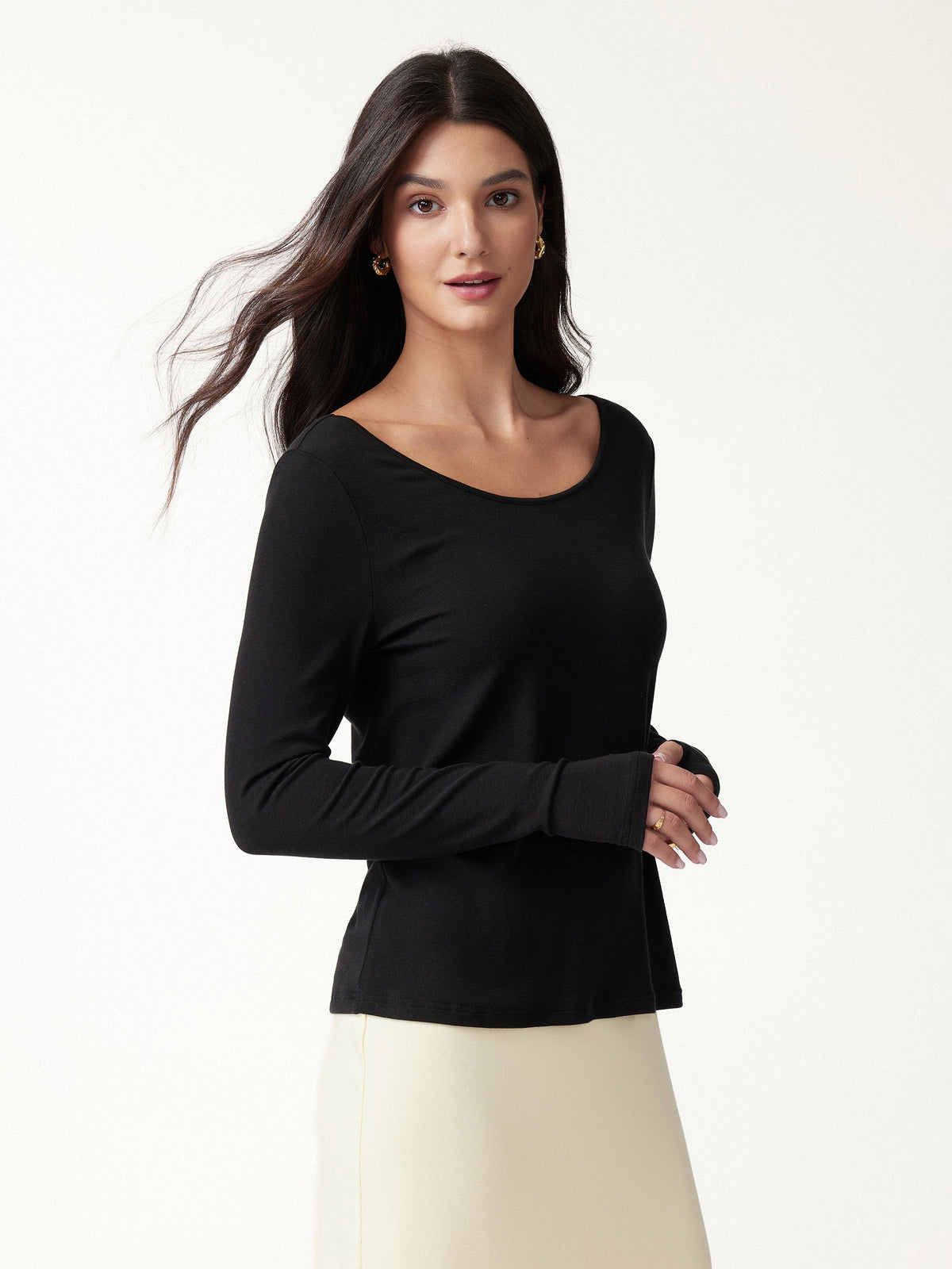 Premium Lyocell-Wool Scoop Neck Thumbhole Long Sleeve Top