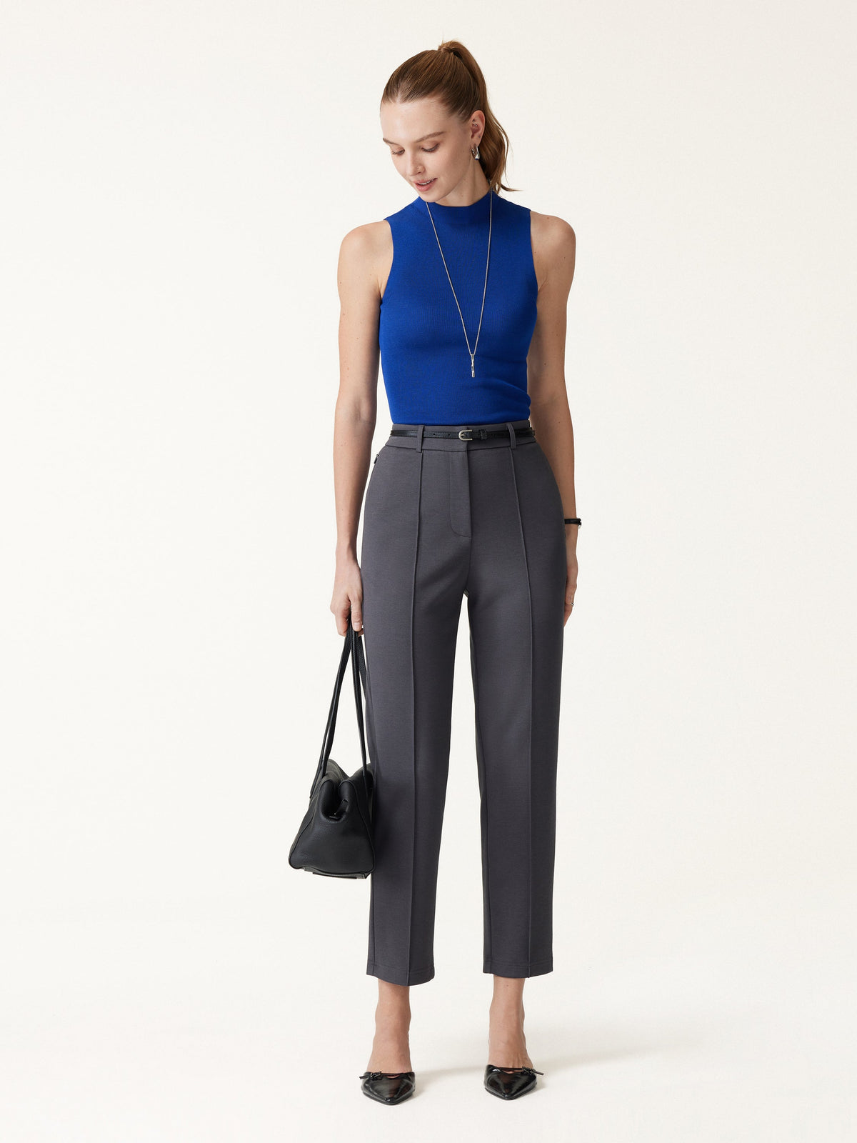 Modal Blend Ponte High-Rise Ankled Slim-Straight Pants with Pockets