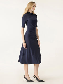 Cotton Blend Mock Neck Elbow Sleeve Tucked A-Line Midi Dress