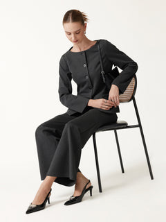 2Pcs Set Neck Long Sleeve Jacket with Pockets & Mid-Rise Wide-Leg Pants with Pockets