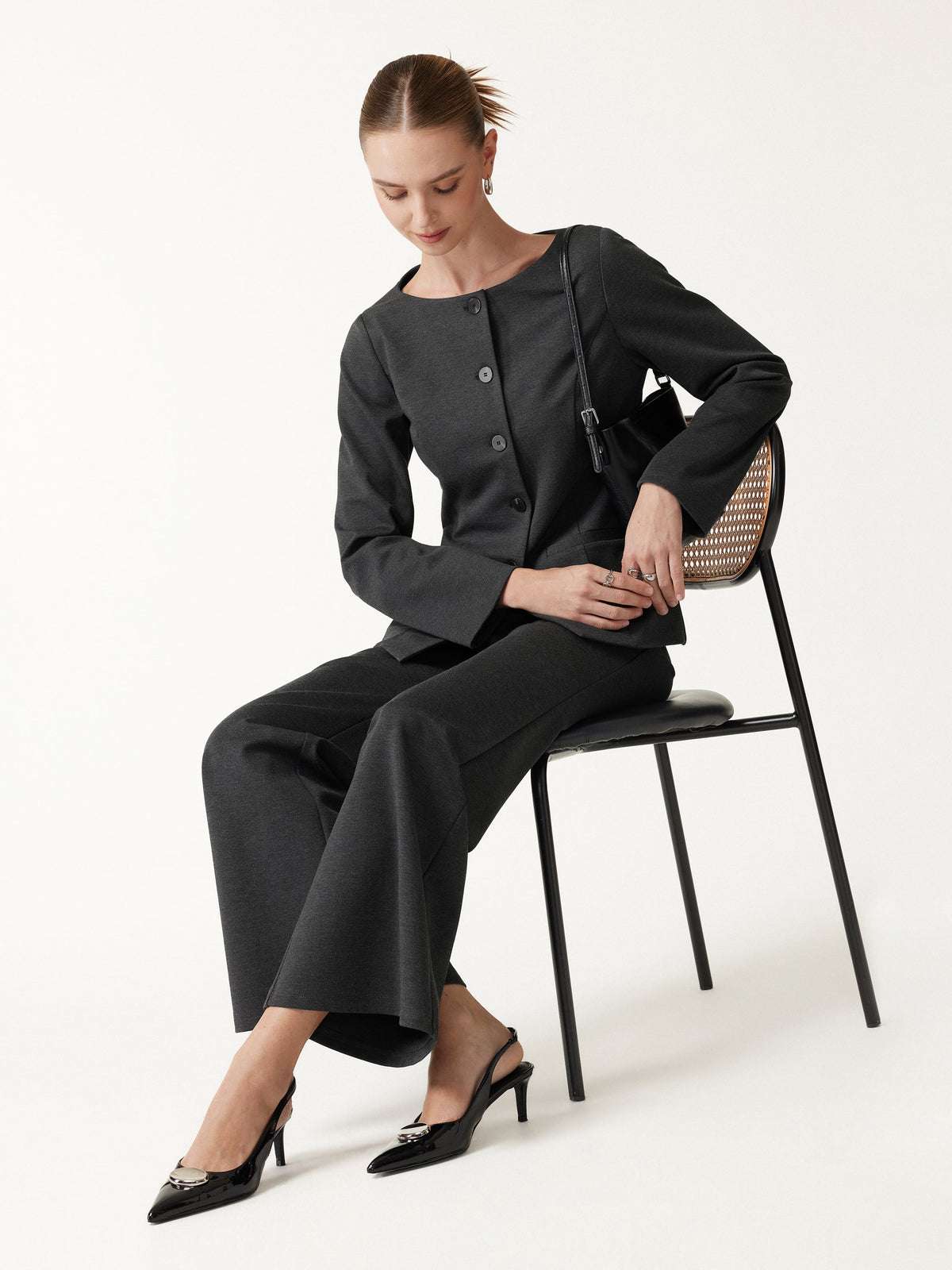 2Pcs Set Neck Long Sleeve Jacket with Pockets & Mid-Rise Wide-Leg Pants with Pockets