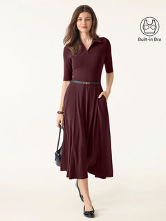 Polo Neck Elbow Length Sleeve Midi Bra Dress with Pockets