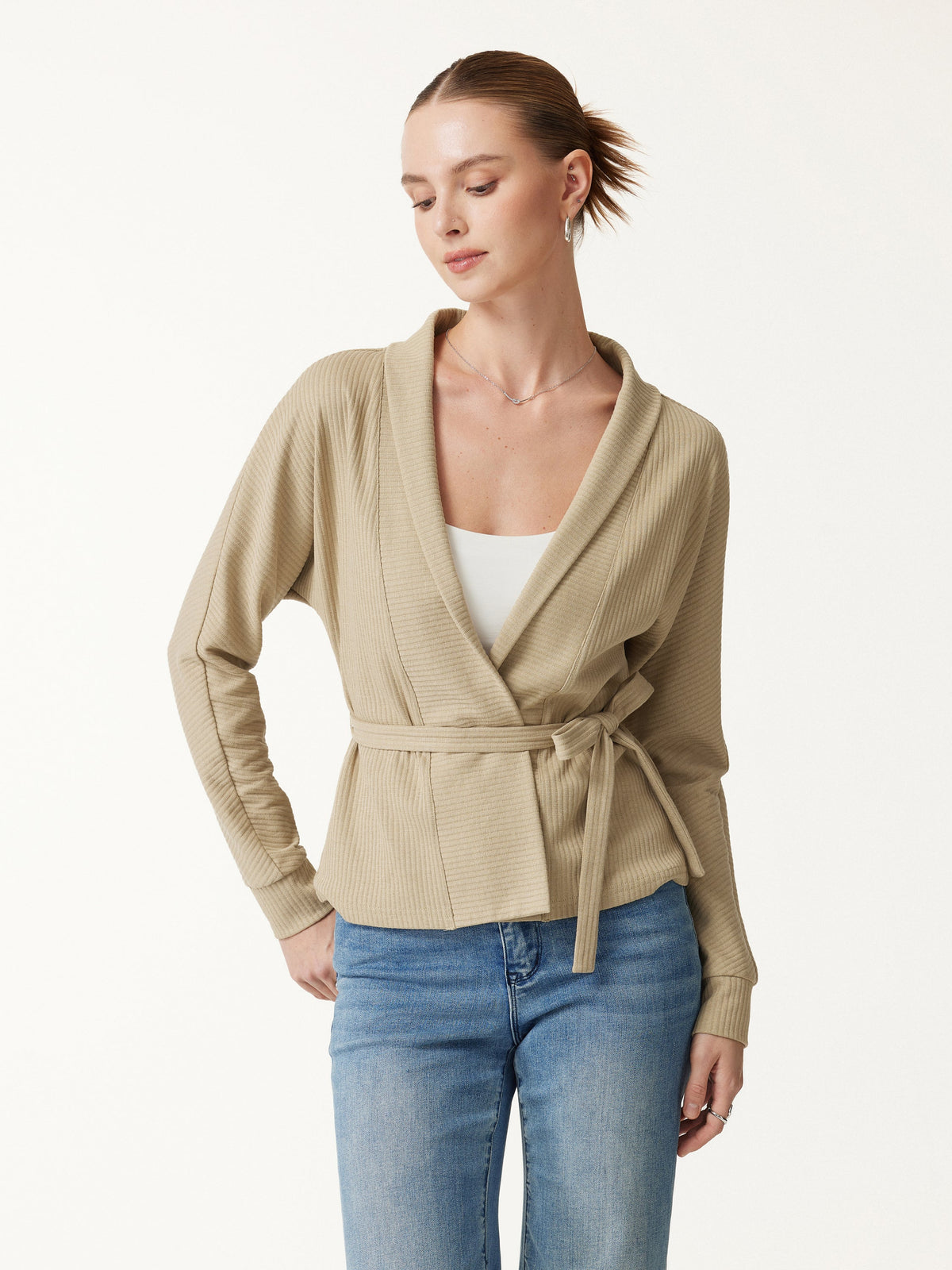 Textured Cotton Blend Lapel Belted Open-Front Jacket
