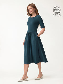 Eco-Mousse® Round Neck Elbow Sleeve Fit-and-Flare Midi Bra Dress with Pockets