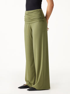 2Pcs Set Boatneck Bra & Drapey Wide Leg Pull-on Pants with Pockets