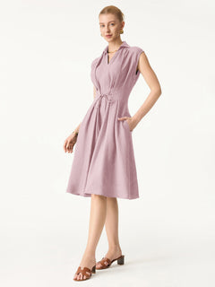 Viscose-Linen V-neck Midi Dress with Drawstring