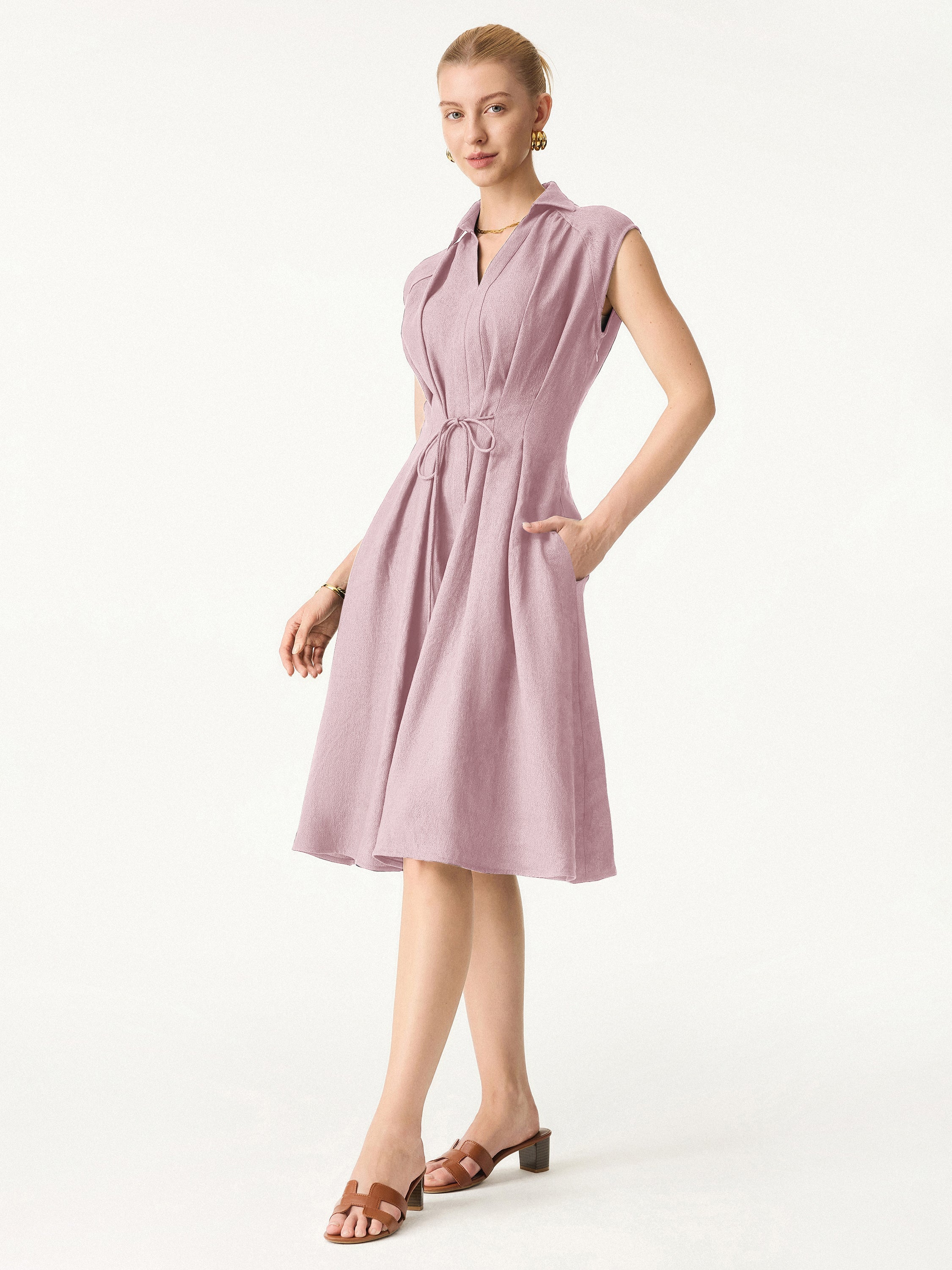 Viscose-Linen V-neck Midi Dress with Drawstring