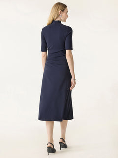 Cotton Blend Mock Neck Elbow Sleeve Tucked A-Line Midi Dress